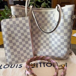 Louis Vuitton Damier Azur Neverfull Pink Braided Strap & Pouch limited edition